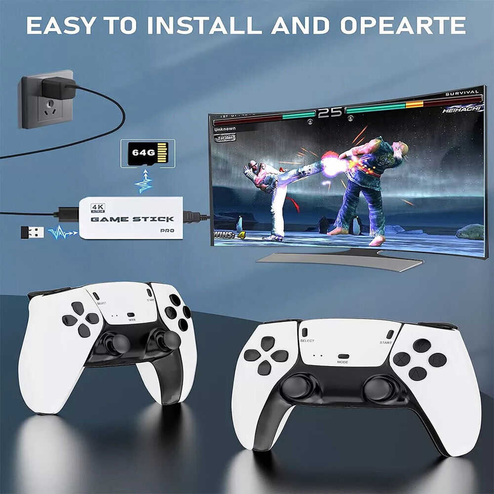 4K 64G HDMI TV Video Game Stick M15 Gaming Console with Gamepad and 2 Wireless Controllers