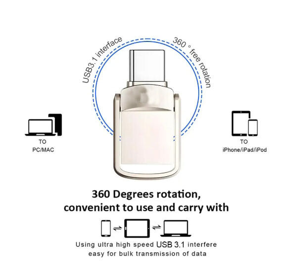 1TB/2TB USB 3.0 Flash Drive with Type-C and USB-A for PC and Laptop