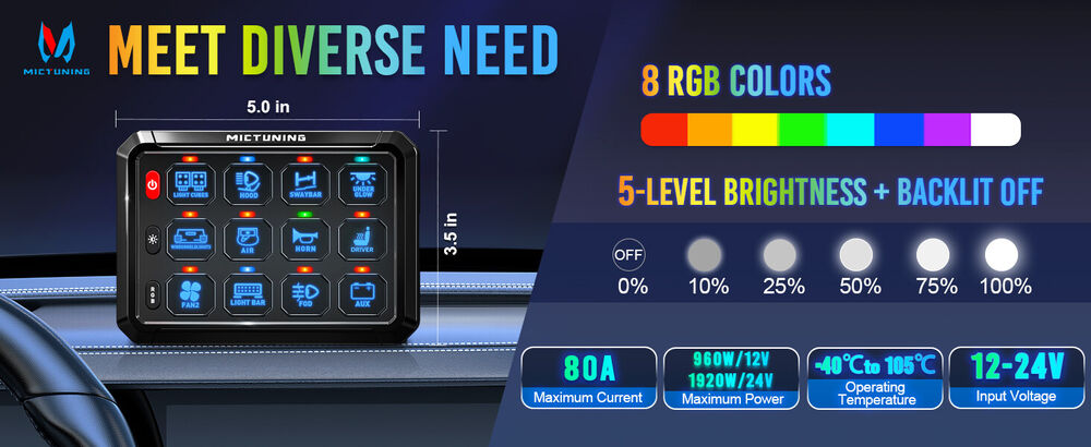 MICTUNING P1B RGB 12 Gang Switch Panel with Momentary Strobe Flash