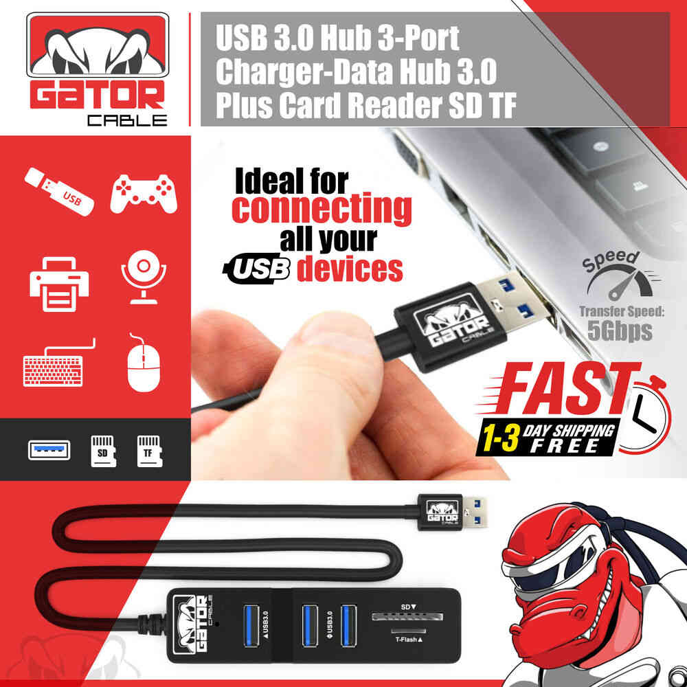 USB 3.0 HUB with 3-Port Charger, Data Sync, and SD/TF Card Reader