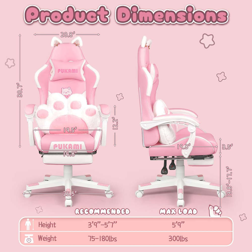 PUKAMI Pink Gaming Chair with Cat Ears and Cat Paw Lumbar Cushion