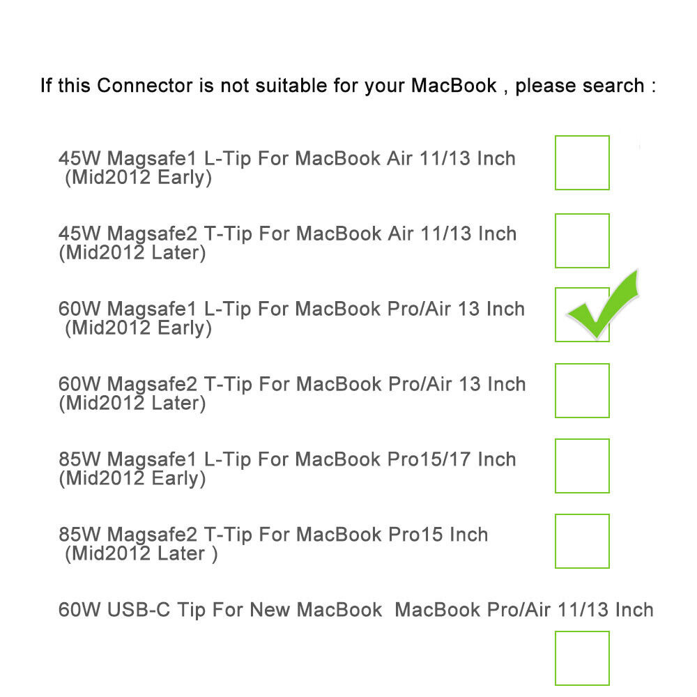 85W Power Adapter Charger for Macbook Pro 13, 15 (mid 2012-mid 2015) 45W 60W