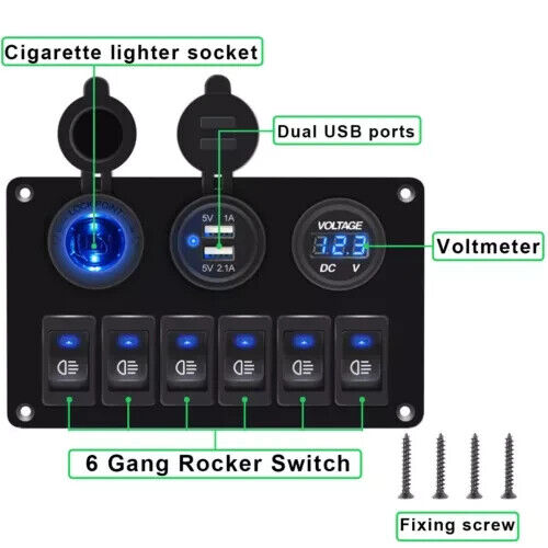 12V LED 6 Gang On/Off Rocker Switch Panel with Inline Fuse Box for Car, Truck, Boat, and Marine