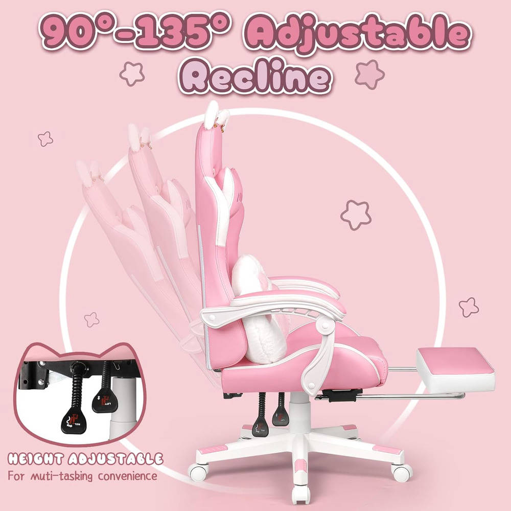 PUKAMI Pink Gaming Chair with Cat Ears and Cat Paw Lumbar Cushion