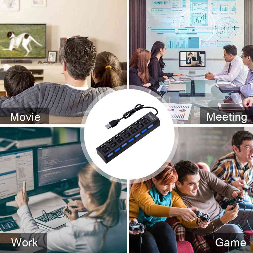 7 Port USB 2.0 Hub Splitter Adapter - High Speed Connectivity for Multiple Devices