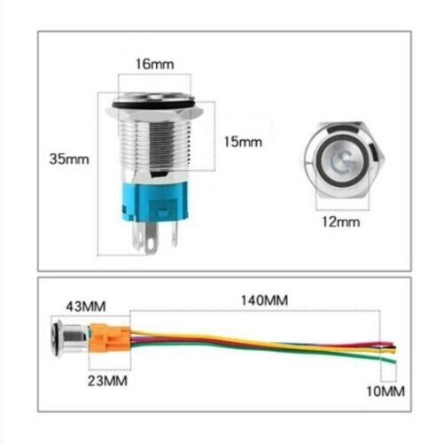 16mm 12V LED Push Button Power Switch with Wire Socket