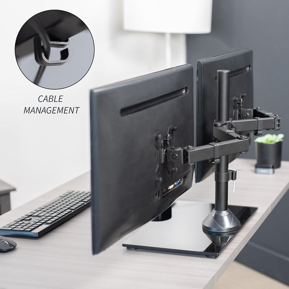 Sleek Glass Base Dual Monitor Stand with Adjustable Arms