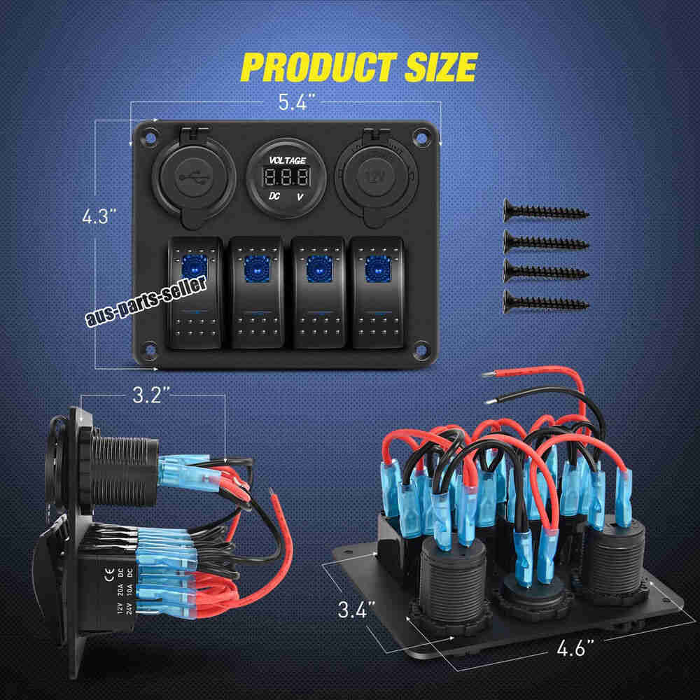 4 Gang Blue LED Rocker Switch Panel with Circuit Breaker for Car, Marine, and Boat