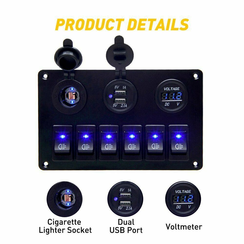 12V LED 6 Gang On/Off Rocker Switch Panel with Inline Fuse Box for Car, Truck, Boat, and Marine