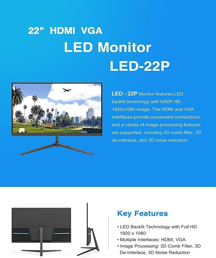 22 Inch 1080P HDMI VGA LED Monitor with Built-in Speaker and Eye Care Technology