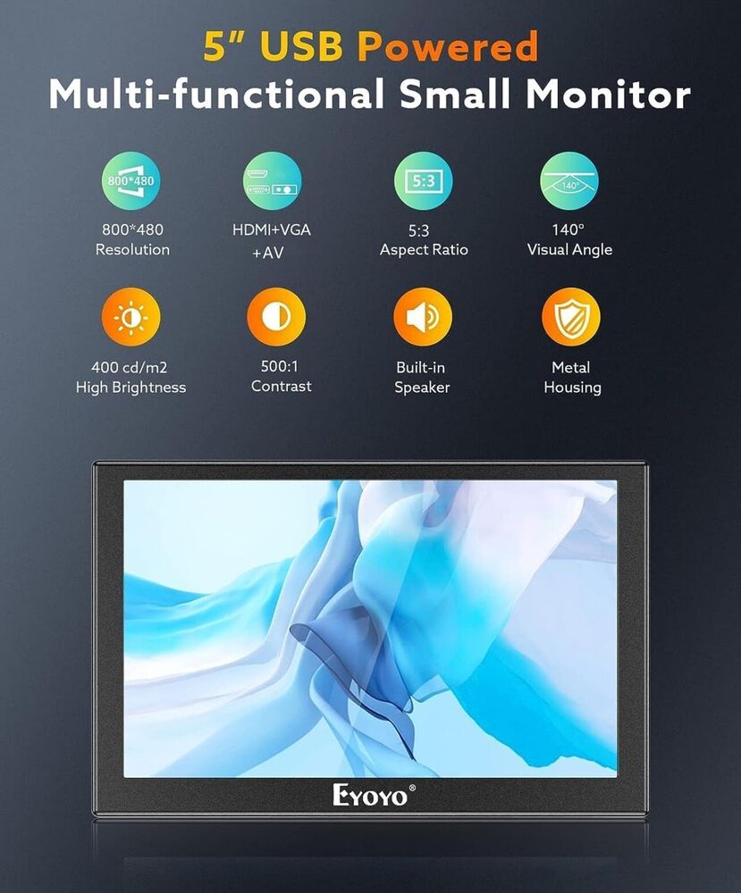 Eyoyo 5 Inch TFT Mini Monitor LCD Display Screen with HD/VGA/AV Video Input