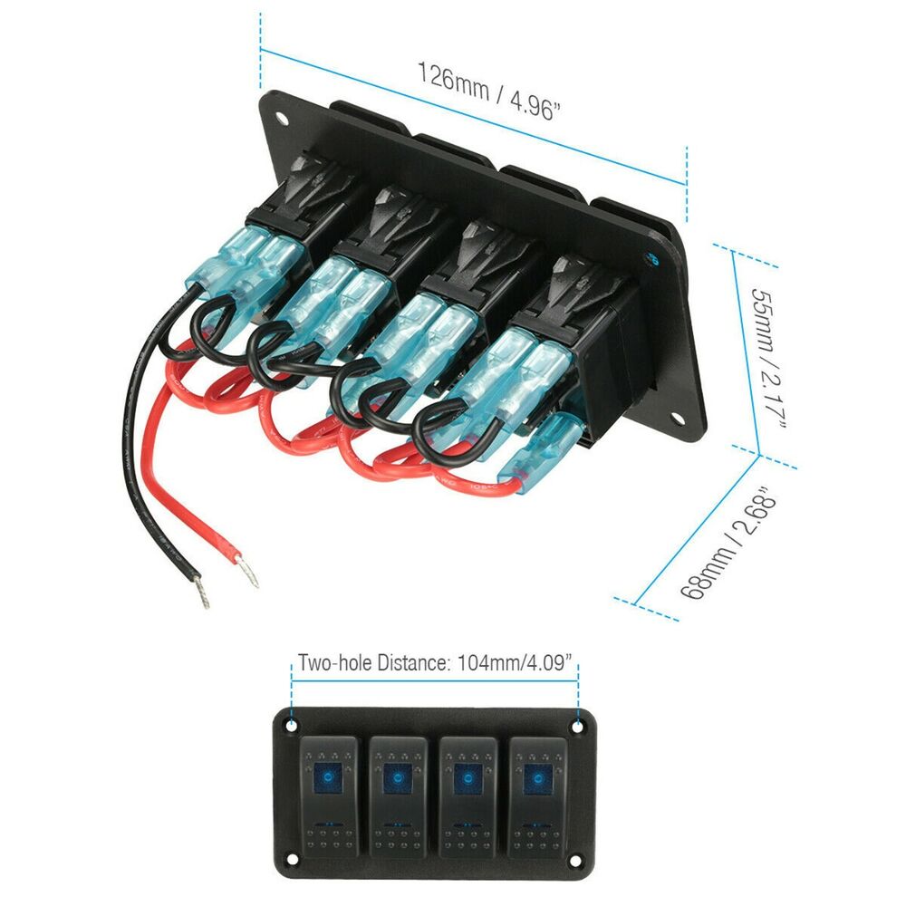 4 Gang Blue LED Waterproof Rocker Switch Panel for Car, Marine, and RV