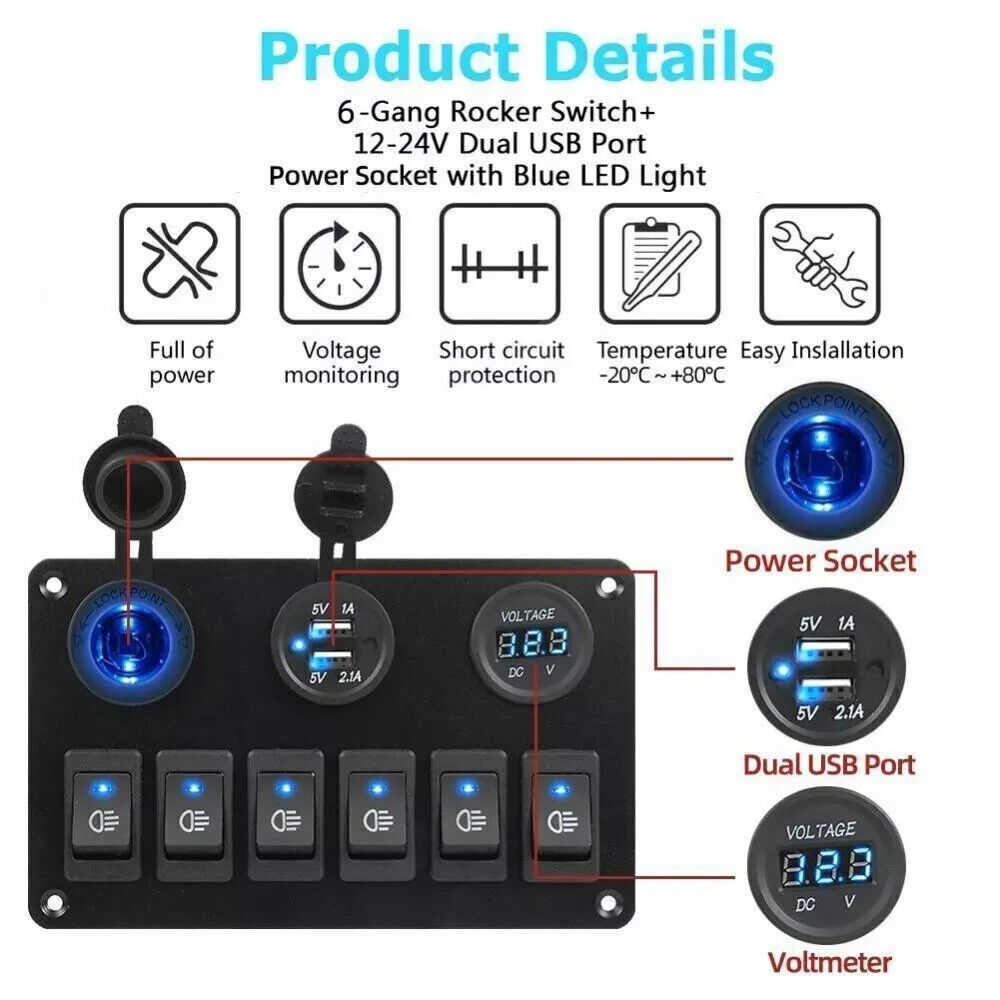 12V LED 6 Gang On/Off Rocker Switch Panel with Inline Fuse Box for Car, Truck, Boat, and Marine