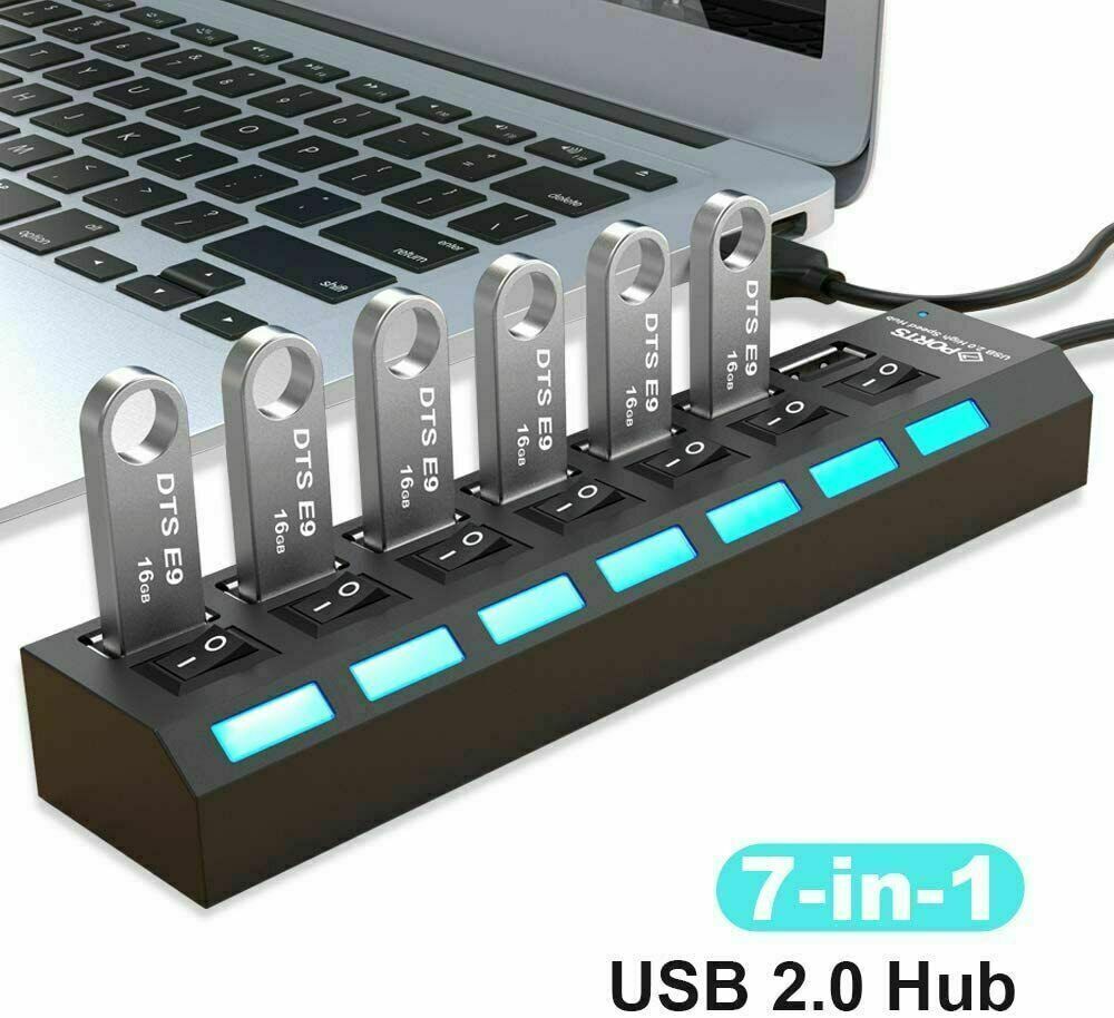 7 Port USB 2.0 Hub Splitter Adapter - High Speed Connectivity for Multiple Devices