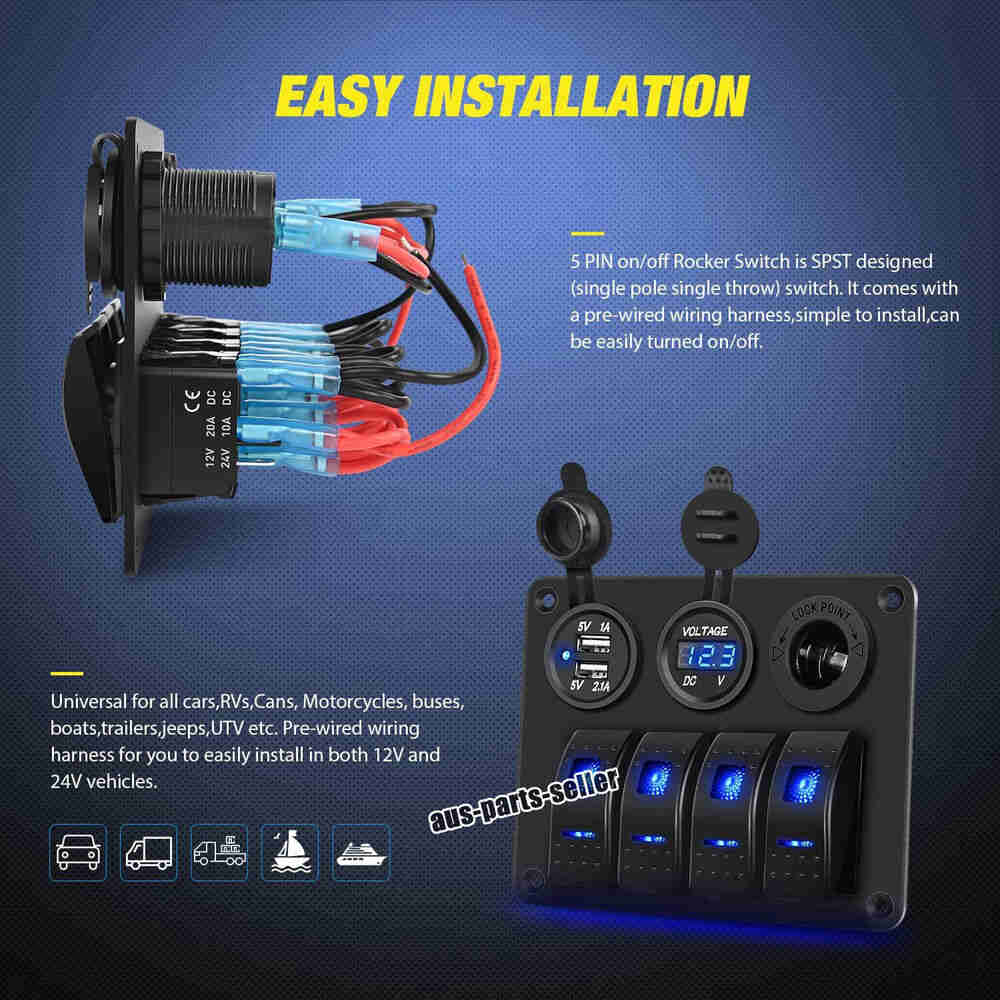 4 Gang Blue LED Rocker Switch Panel with Circuit Breaker for Car, Marine, and Boat
