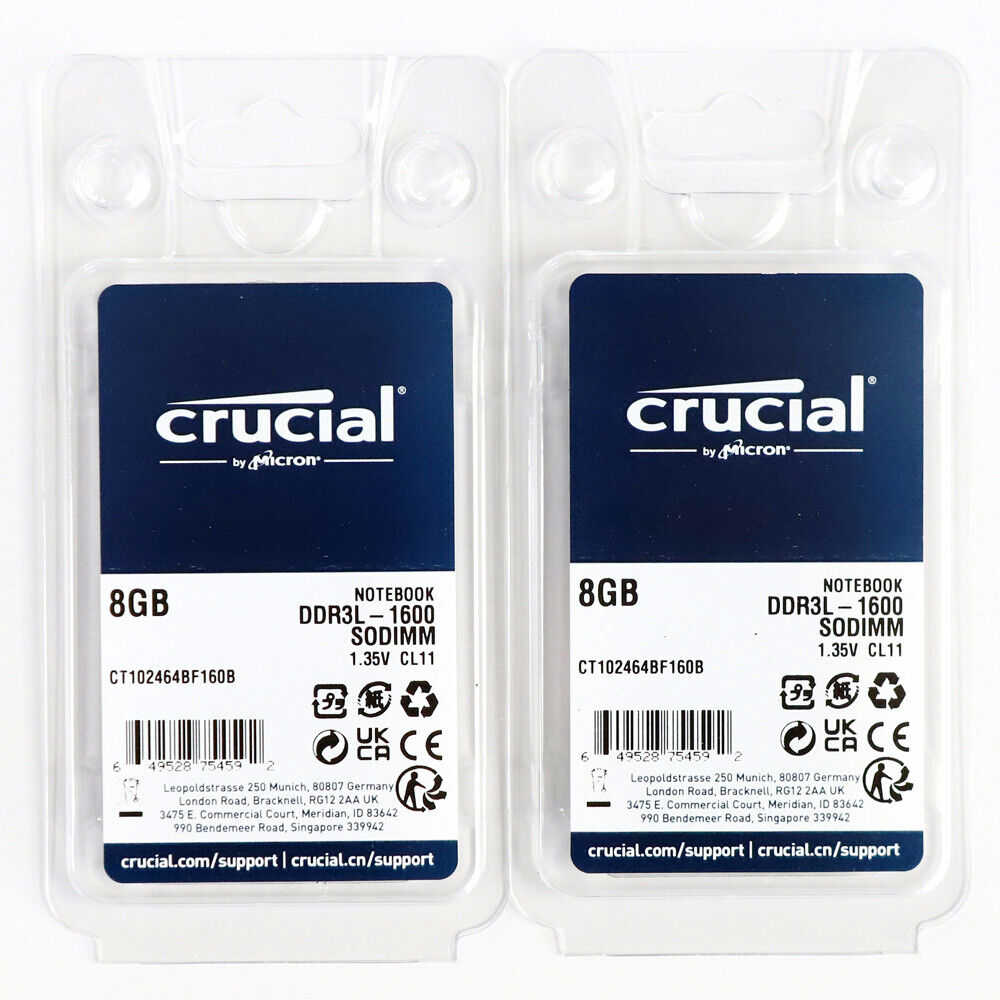 Crucial 16GB DDR3L-1600MHz 204pin SODIMM Laptop Memory