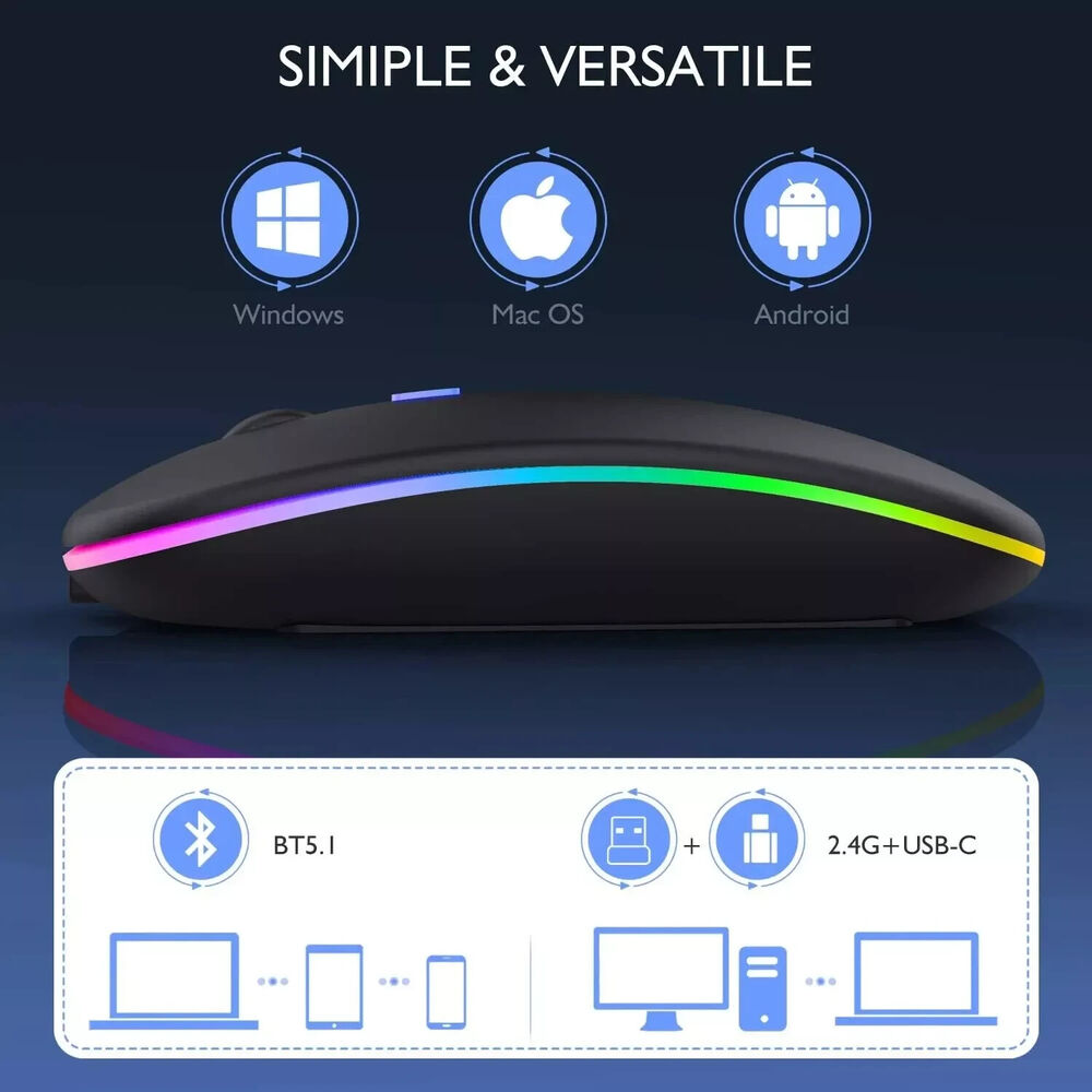 RGB LED Wireless Mouse Rechargeable Optical Silent Mice USB