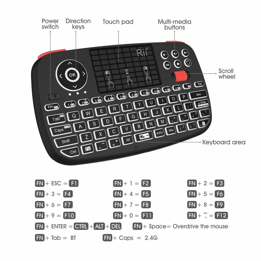 Rii i4 Bluetooth & 2.4GHz Blacklit Portable Mini Keyboard