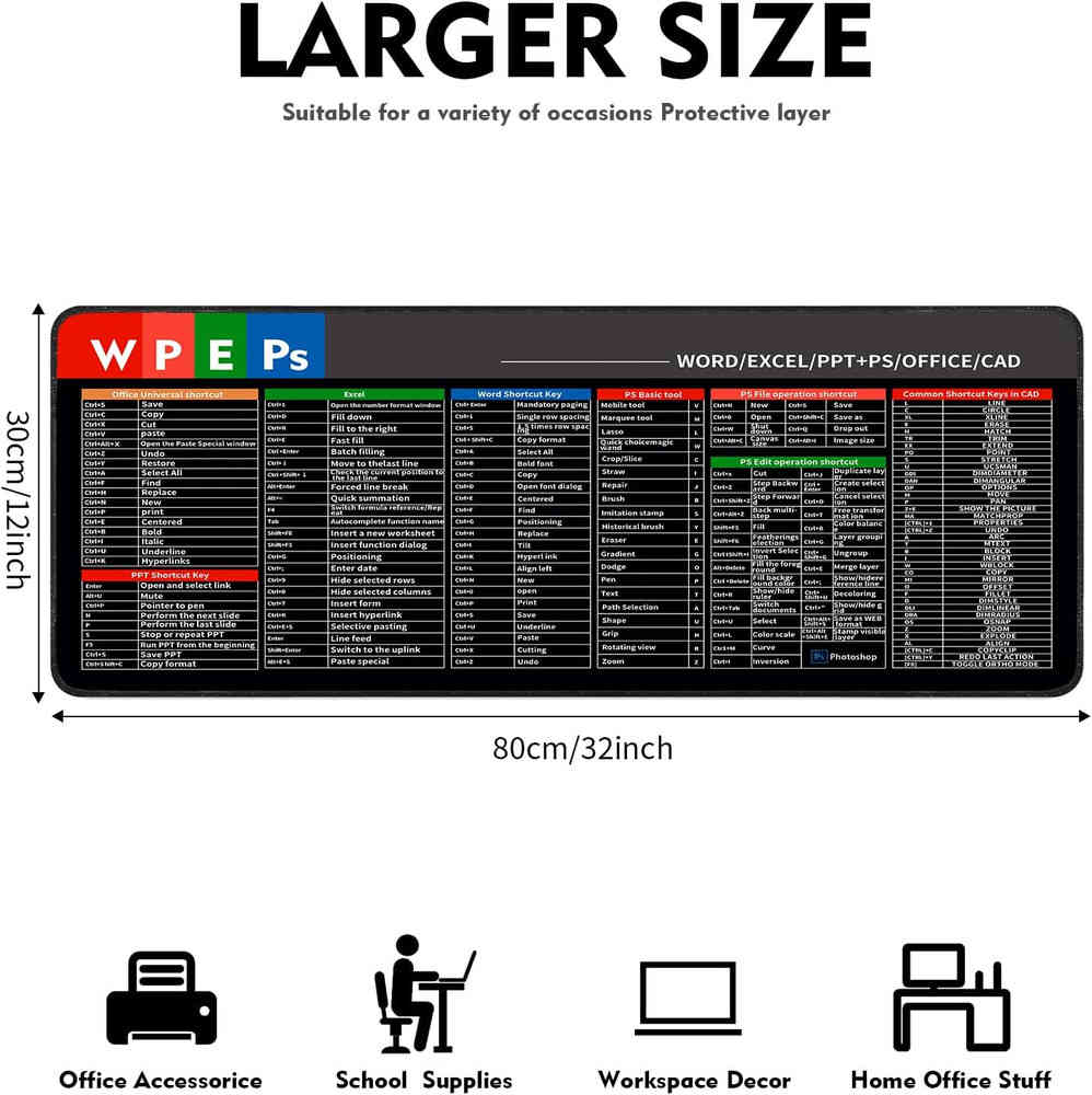 Excel Shortcut Keys Mouse Pad, Large Mouse Pad for PC Office Spreadsheet Keyboard