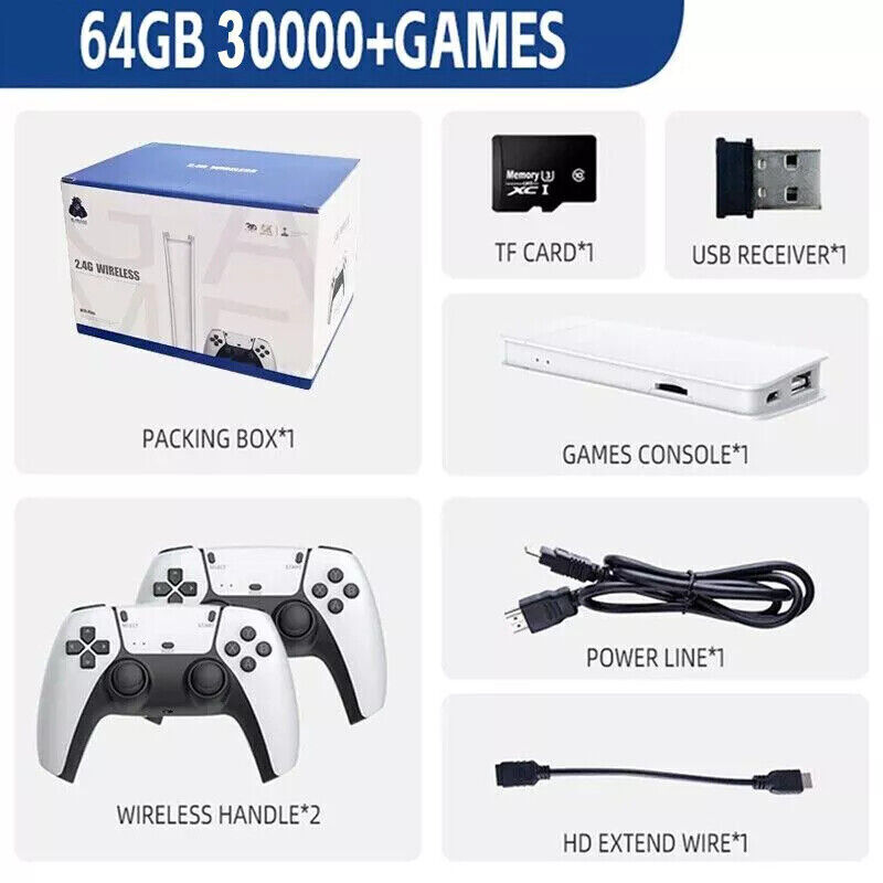 4K 64G HDMI TV Video Game Stick M15 Gaming Console with Gamepad and 2 Wireless Controllers