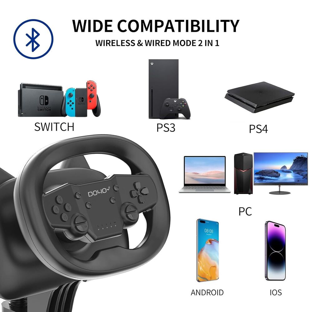 270° Racing Games Steering Wheel Wireless Controller for Switch, PS3, PS4, PC