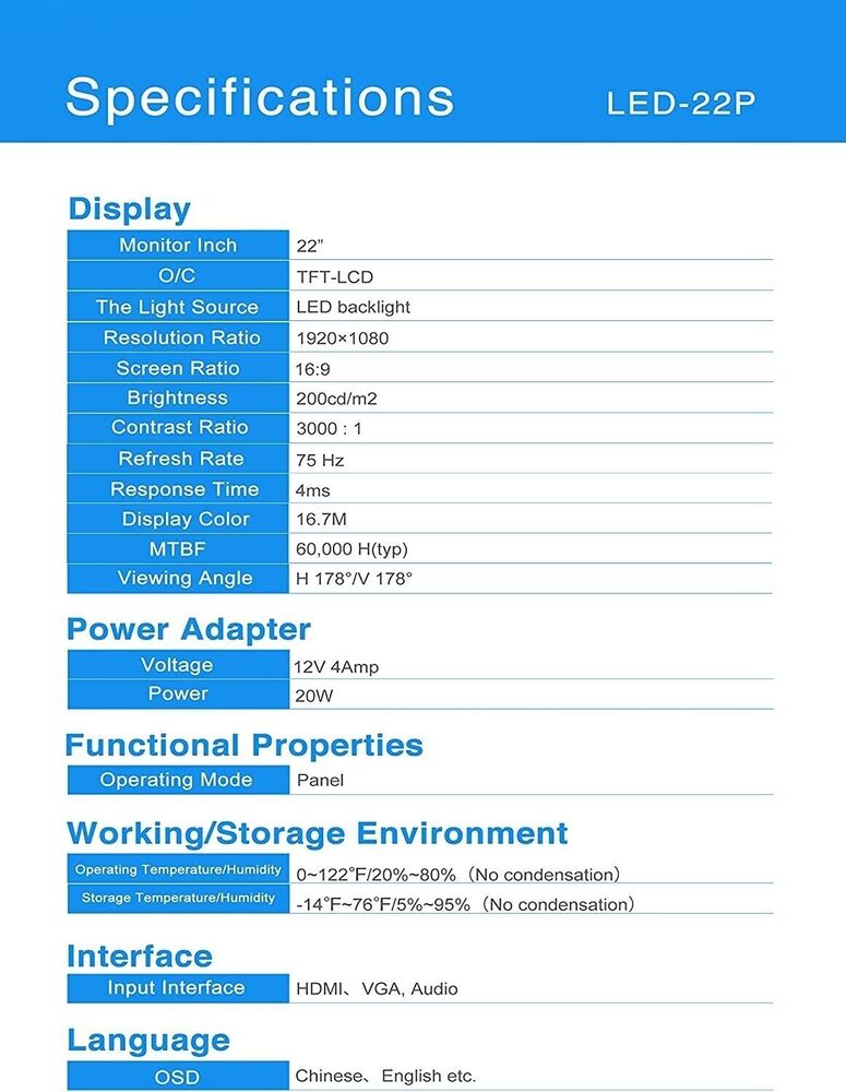 22 Inch 1080P HDMI VGA LED Monitor with Built-in Speaker and Eye Care Technology