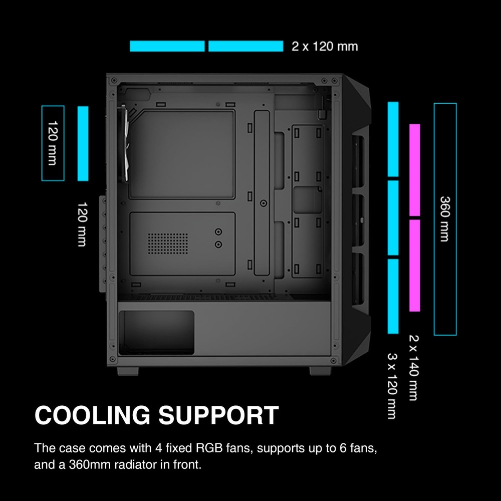 ATX Mid Tower Gaming Computer Case with Tempered Glass and ARGB Fans