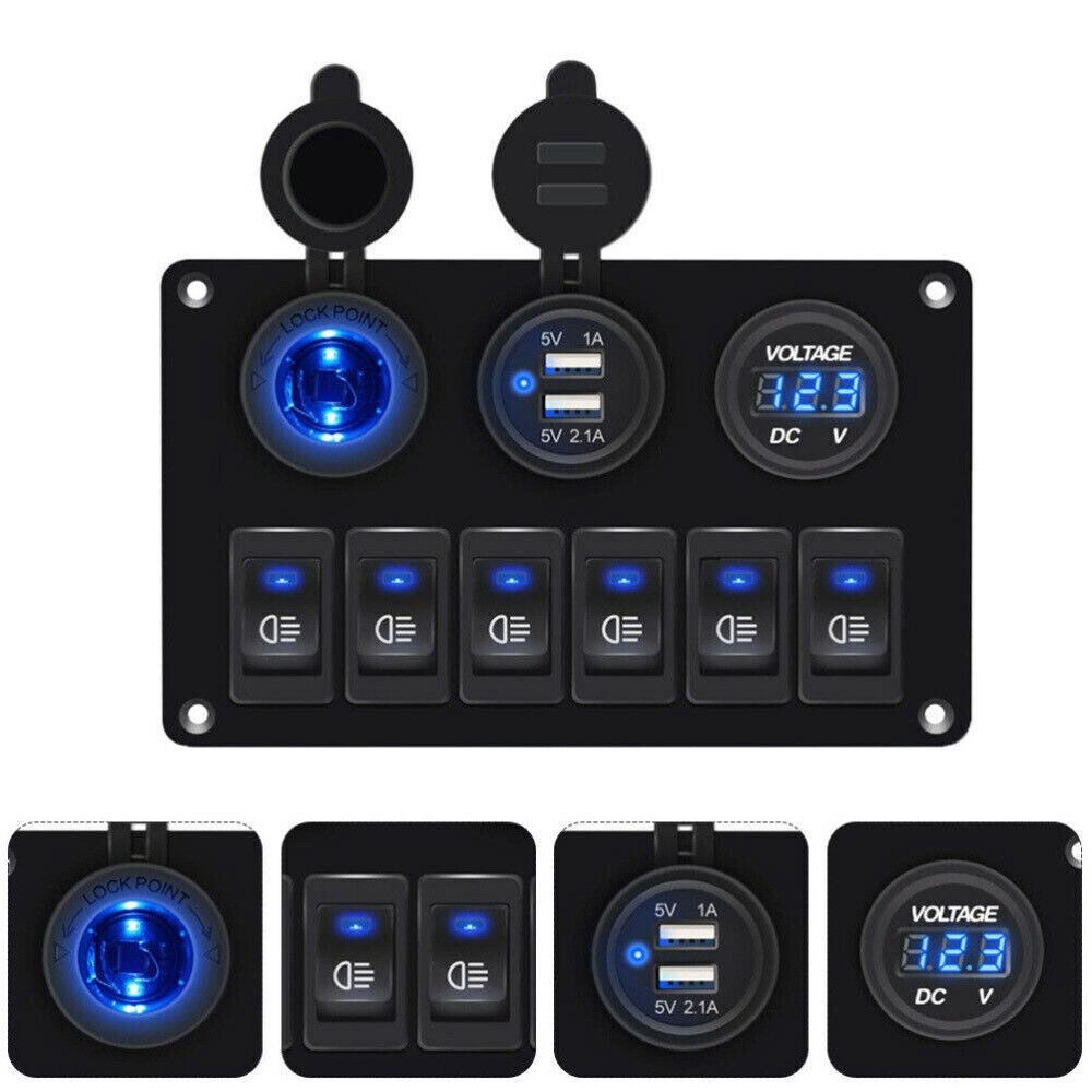 12V LED 6 Gang On/Off Rocker Switch Panel with Inline Fuse Box for Car, Truck, Boat, and Marine