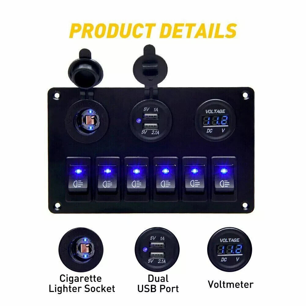 12V LED 6 Gang On/Off Rocker Switch Panel with Inline Fuse Box for Car, Truck, Boat, and Marine