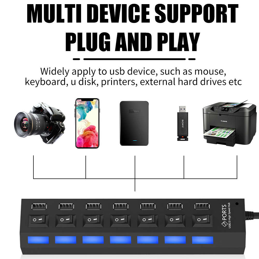 7 Port USB 2.0 Hub Splitter Adapter - High Speed Connectivity for Multiple Devices