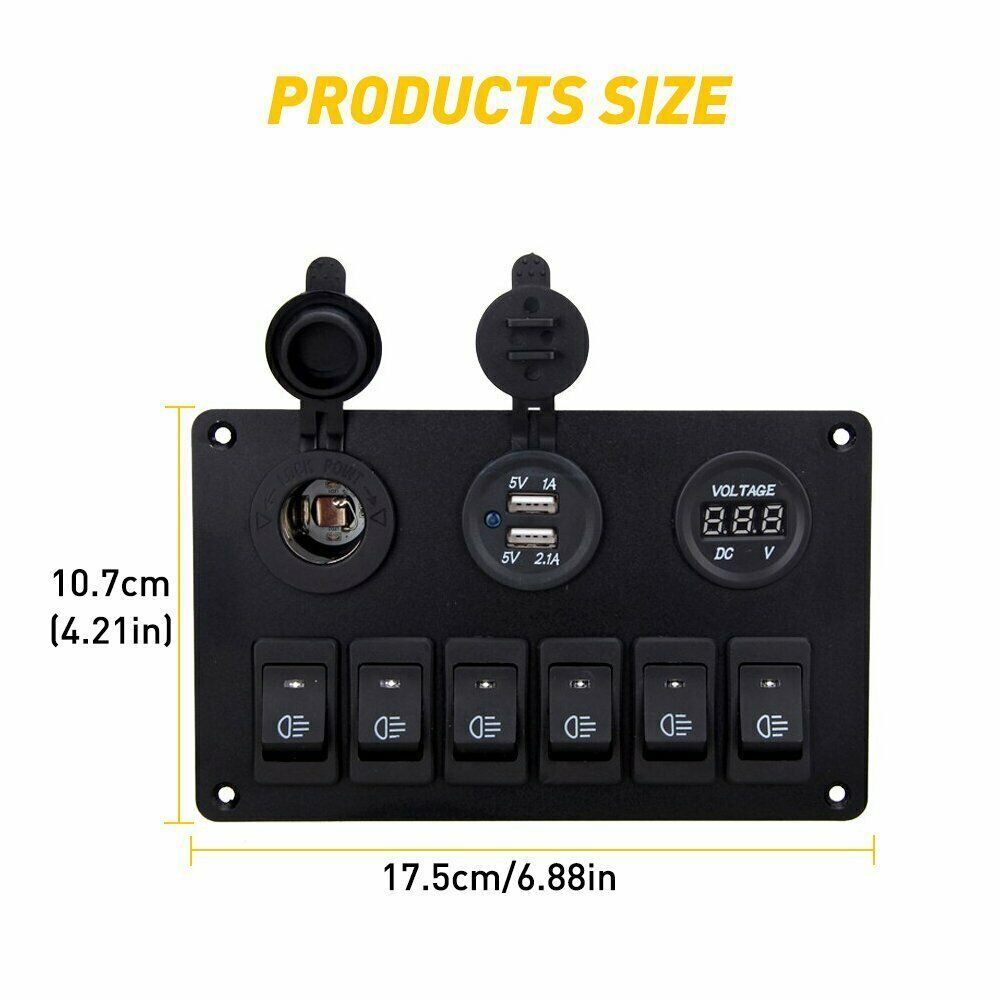 12V LED 6 Gang On/Off Rocker Switch Panel with Inline Fuse Box for Car, Truck, Boat, and Marine