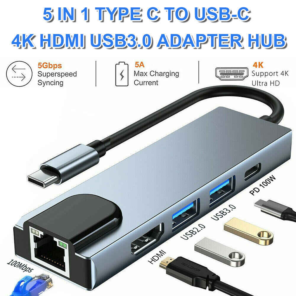5 in 1 USB C Hub Adapter with RJ45 Ethernet for Macbook