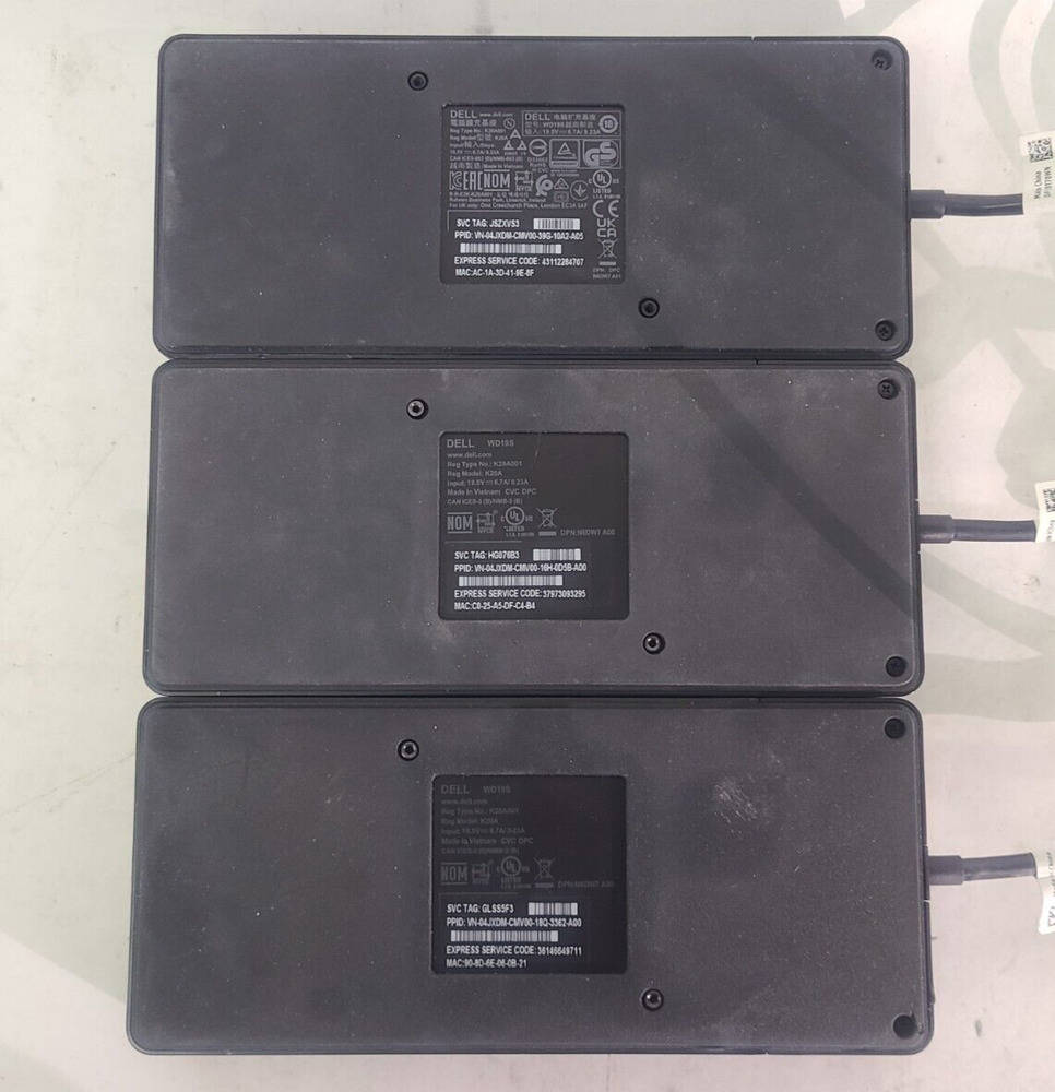 Lot of 3 Dell WD19S K20A USB-C 130W Docking Stations (No AC Adapters)