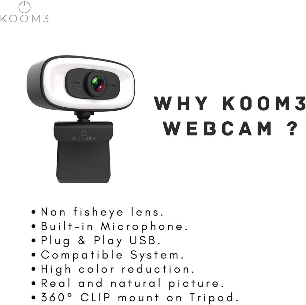 KOOM3 4K Webcam with Full HD Ring Light, Built-in Microphone, and Tripod