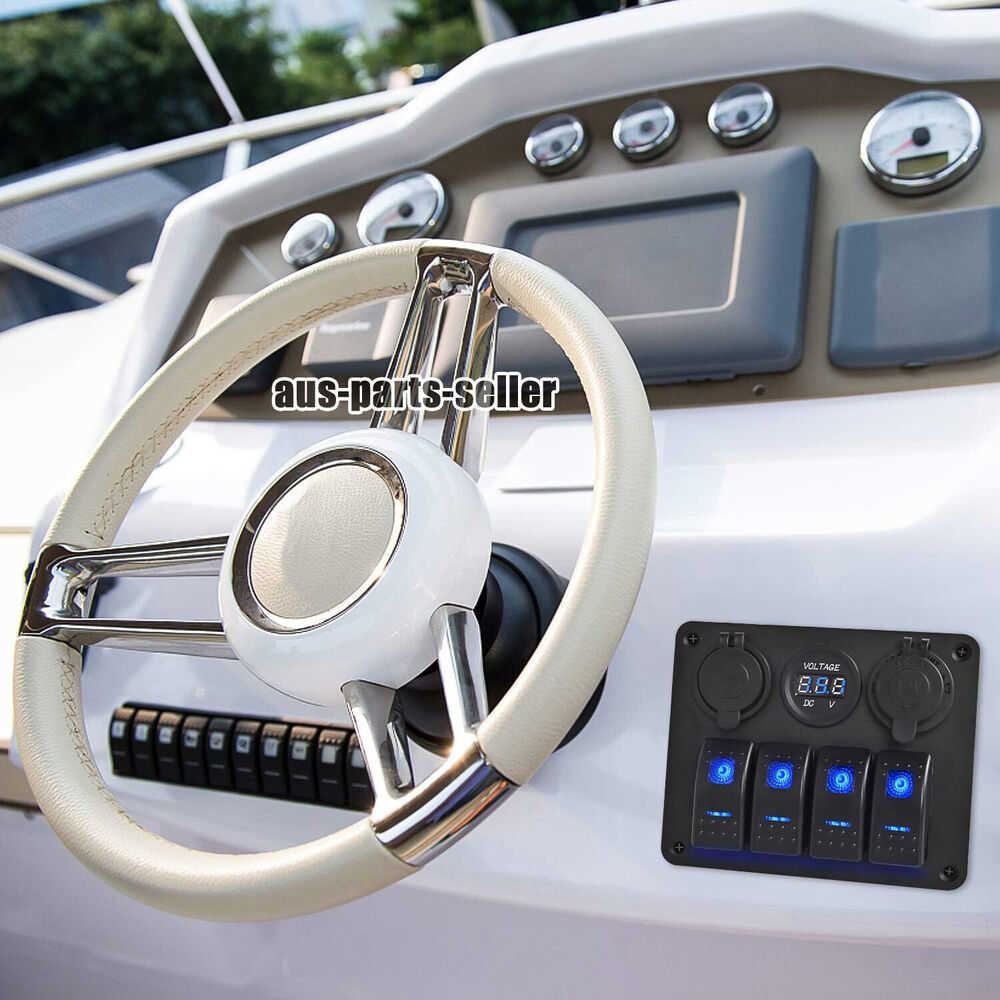 4 Gang Blue LED Rocker Switch Panel with Circuit Breaker for Car, Marine, and Boat