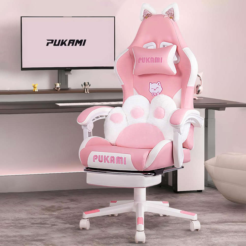 PUKAMI Pink Gaming Chair with Cat Ears and Cat Paw Lumbar Cushion