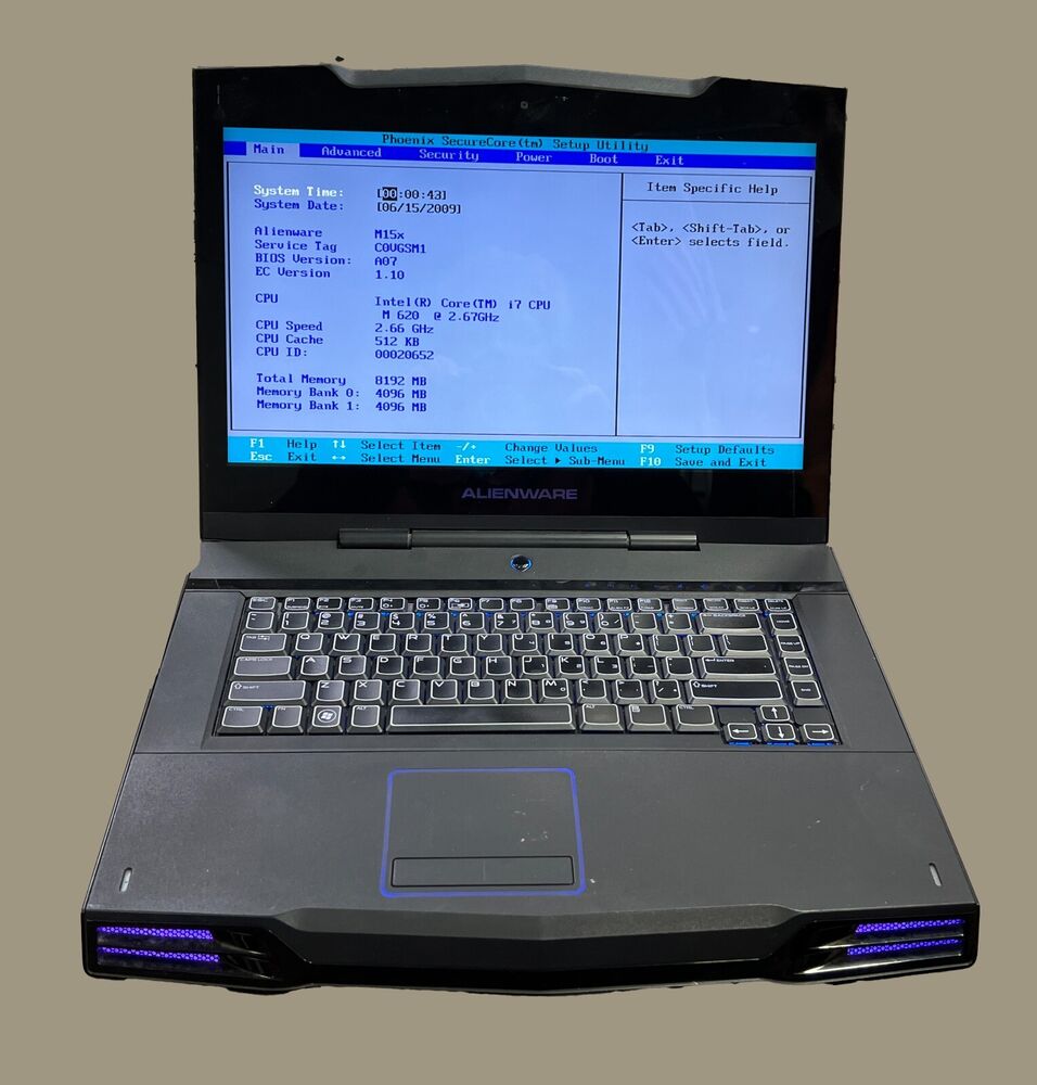 Dell Alienware M15X Laptop with Intel Core i7 2.67GHz, 8GB RAM, 512GB HDD - Boots to BIOS