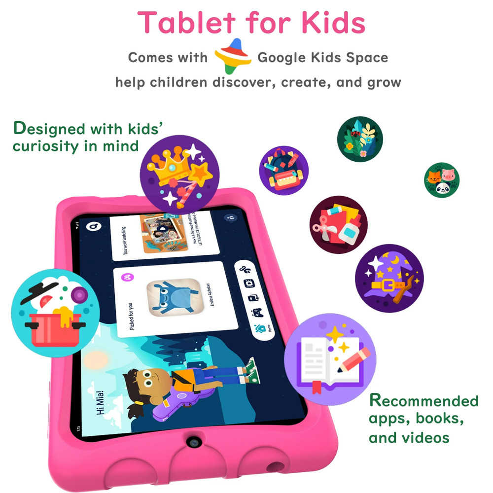 New Onn. Surf 8 Kids Tablet 32GB Android with Pink Rubberized Sleeve & Stand