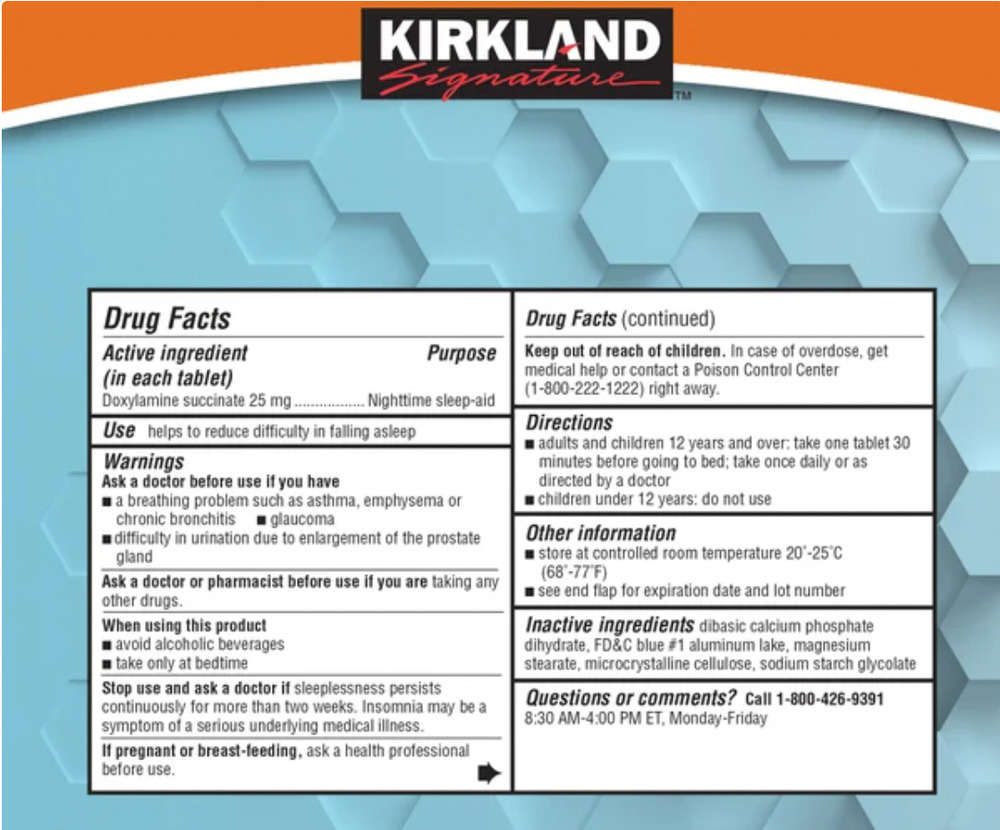 Kirkland Signature Sleep Aid 192 Tablets Doxylamine Succinate 25 Mg