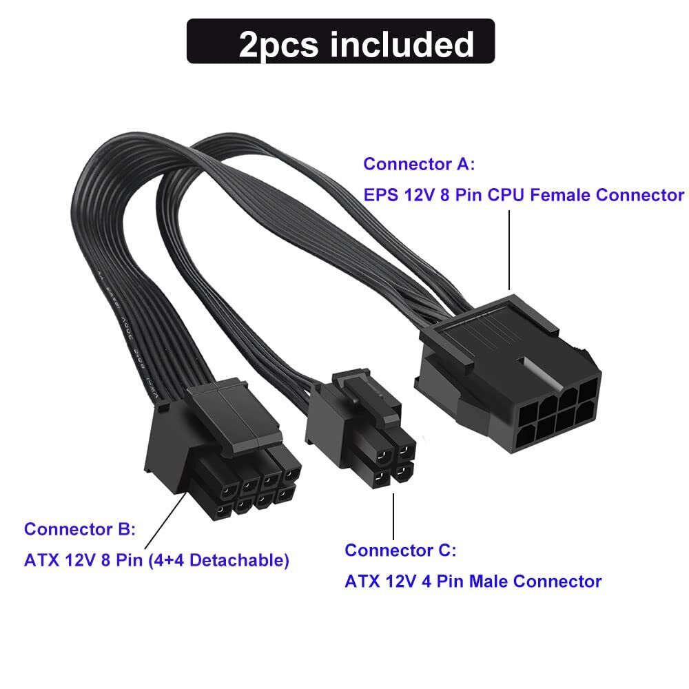 2 Pack EPS12V CPU 8 Pin Female to CPU ATX 8 Pin and ATX 4 Pin Male Power Supply Adapter