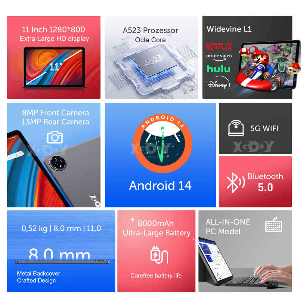 11 inch Ultra-thin Tablet PC with 5G, HD Display, 16GB+256GB, 8000mAh Battery, Android14, Dual WiFi