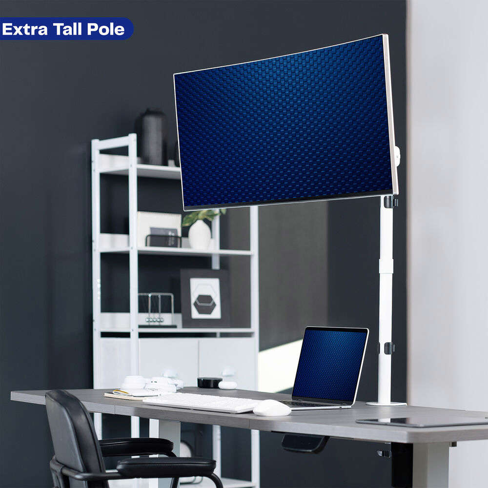 White Single Monitor Desk Mount Extra Tall Adjustable Stand for up to 32 Screen