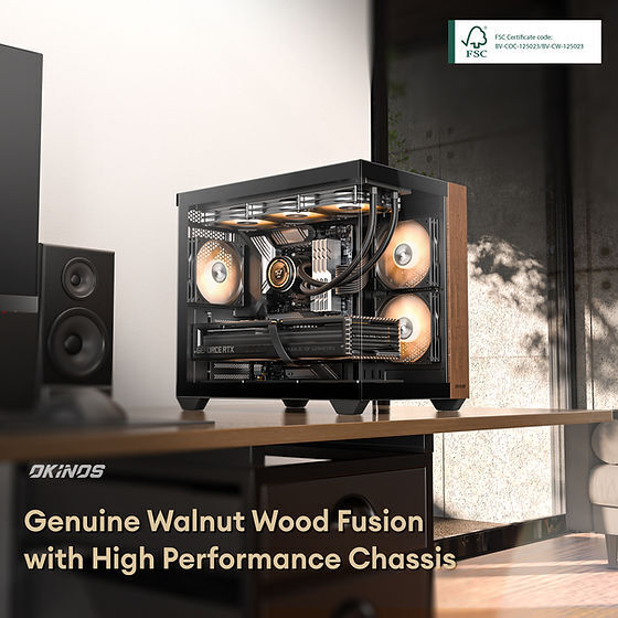 Okinos Mirage 6 ATX Mid Tower PC Case with Tempered Glass and Genuine Walnut Wood Finish, Includes 4 ARGB Fans