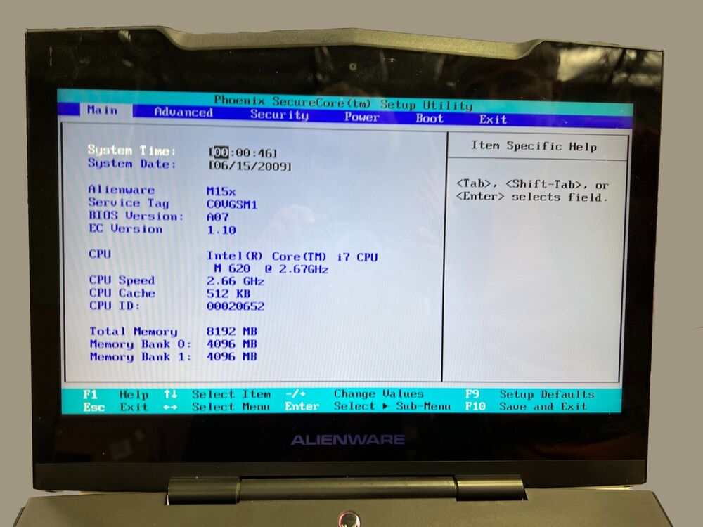 Dell Alienware M15X Laptop with Intel Core i7 2.67GHz, 8GB RAM, 512GB HDD - Boots to BIOS