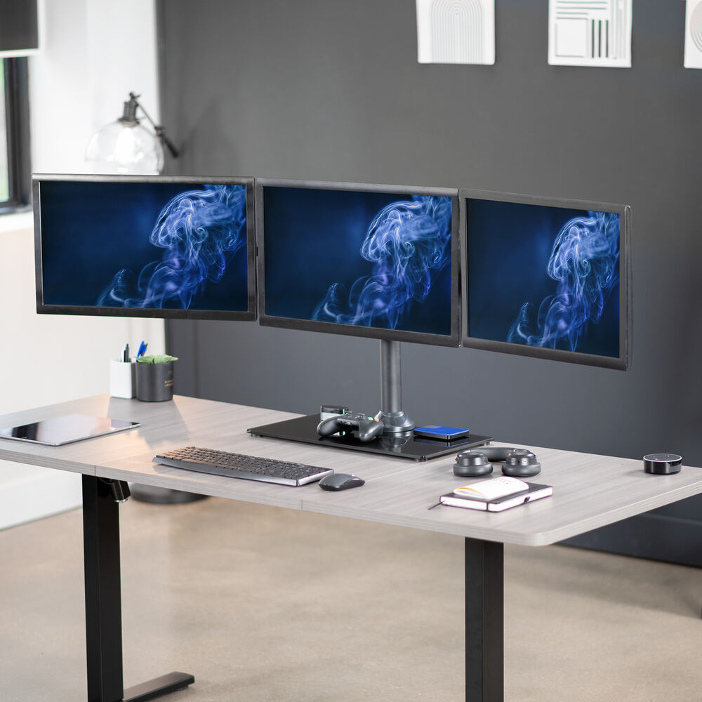 VIVO Black Triple Monitor Mount Stand with Glass Base for 3 Screens up to 24 Inches