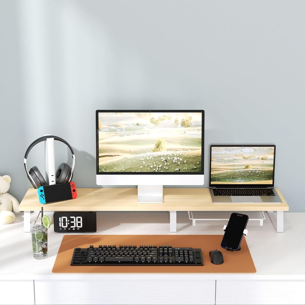 Large Dual Monitor Stand Riser - Wooden Desk Organizer for 2 Monitors