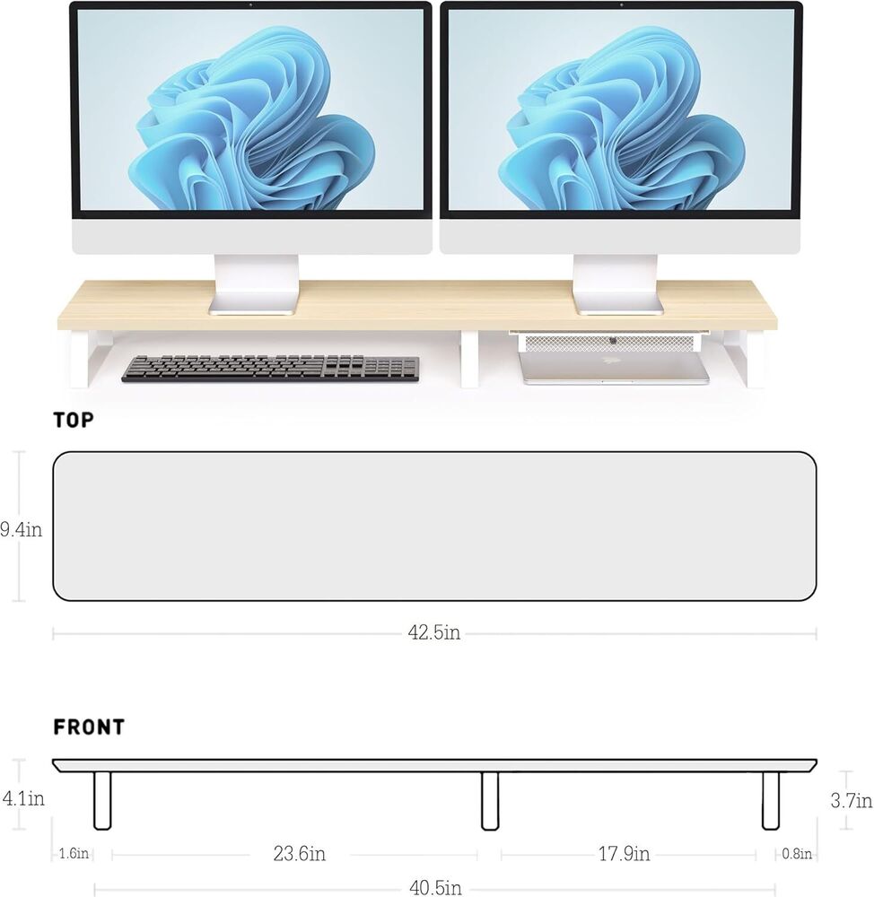 Large Dual Monitor Stand Riser - Wooden Desk Organizer for 2 Monitors