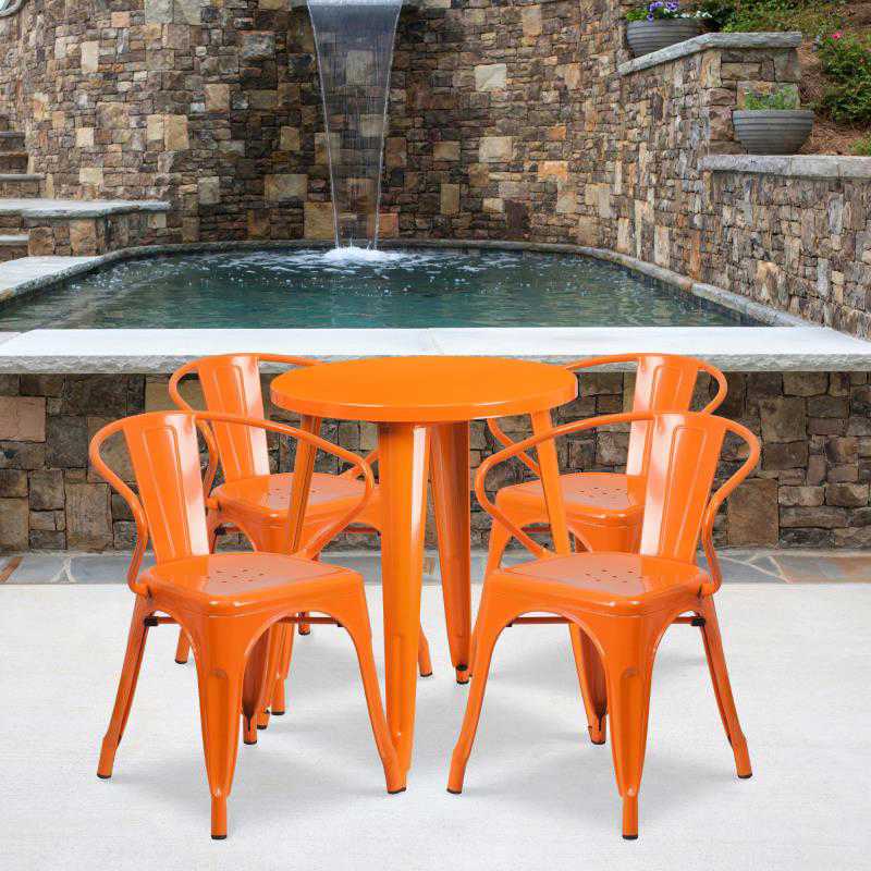 Flash Furniture Chauncey Commercial Grade 24 Round Orange Metal Indoor-Outdoor Table Set with 4 Arm Chairs