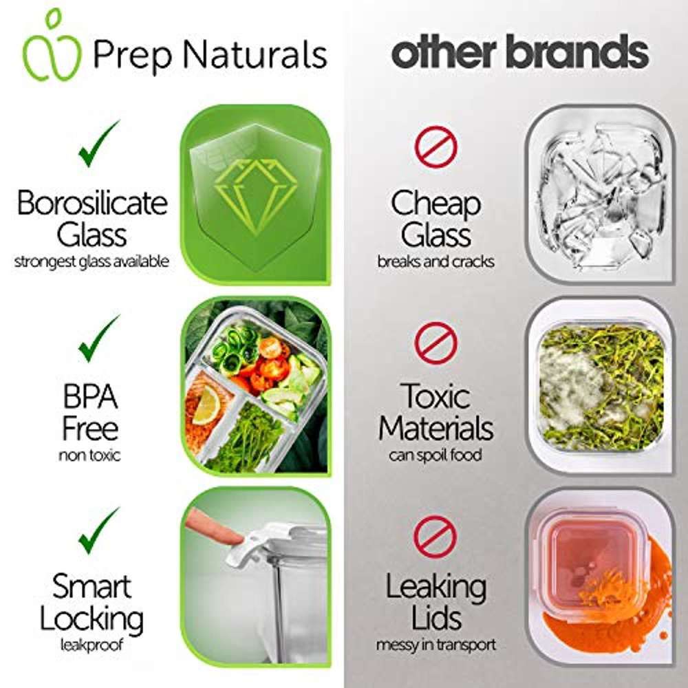 3-Compartment Glass Meal Prep Containers with Lids - Bento Box for Food Storage
