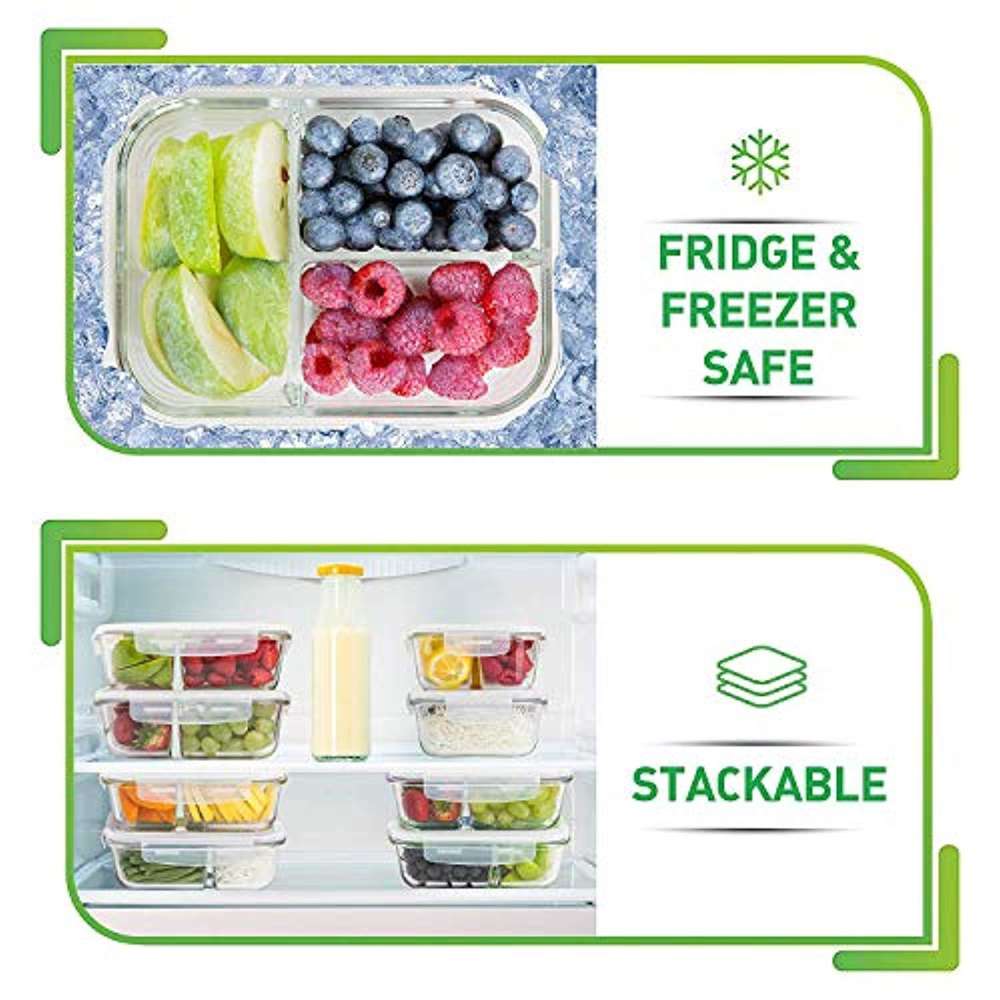 3-Compartment Glass Meal Prep Containers with Lids - Bento Box for Food Storage